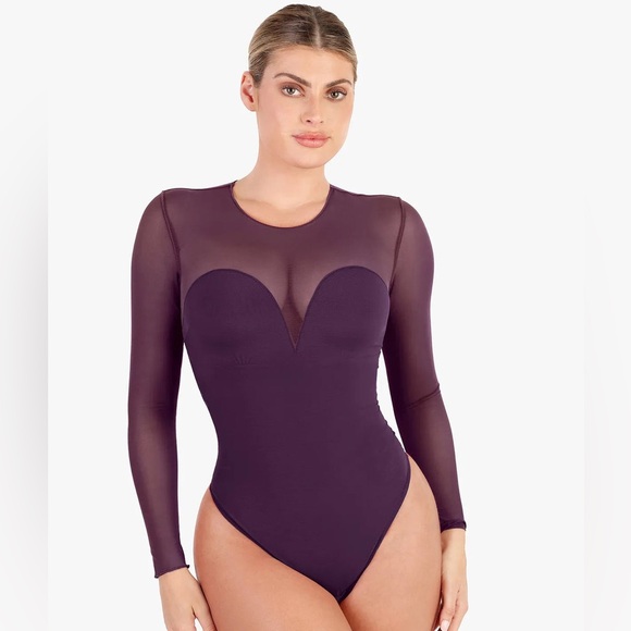 Popilush Shapewear Illusion Mesh Long Sleeve Tummy Control Bodysuit - Picture 2 of 7